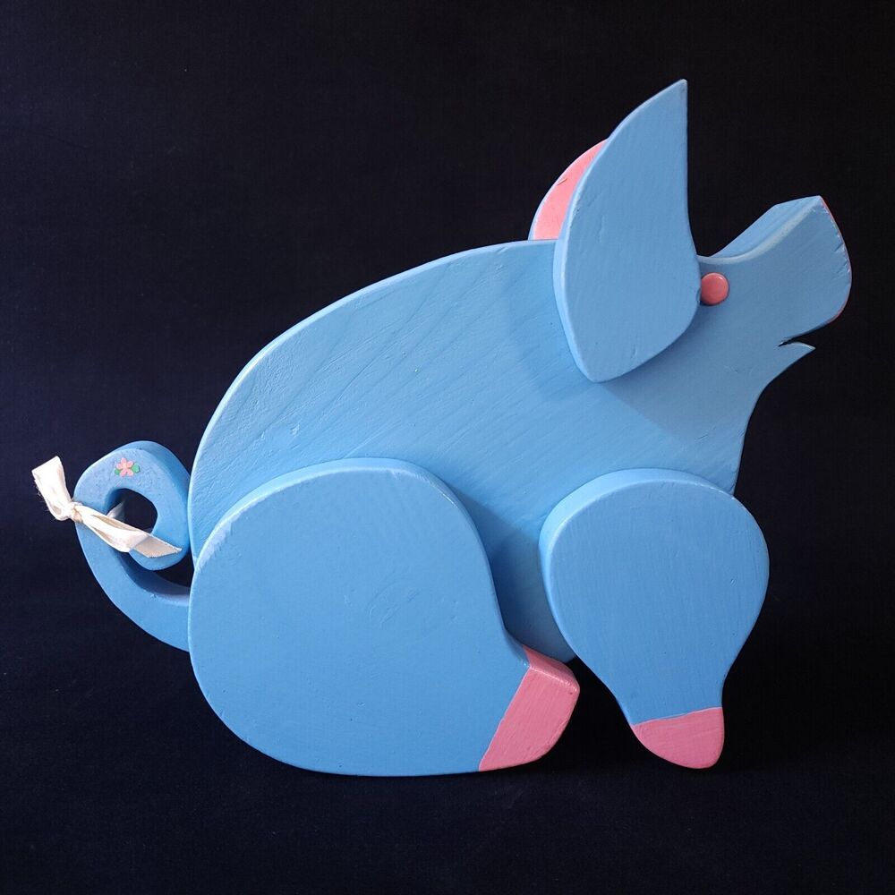 Vintage Tall 1980s Hand Carved Wooden Folk Art Baby Blue Wood Pig Country Decor